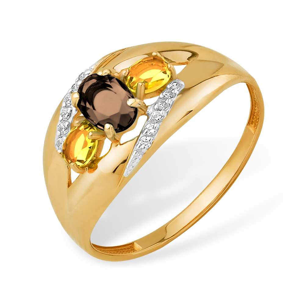 Кольцо из красного золота 585 пробы с цитрины, раух-топазом и фианитами 210040000702