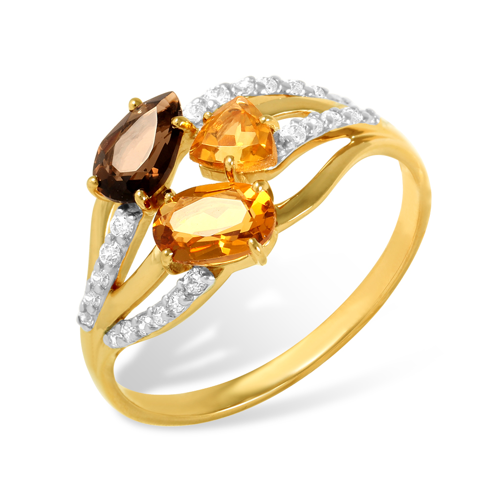 Кольцо из лимонного золота 585 пробы с цитрины, раух-топазом и фианитами 210040000698