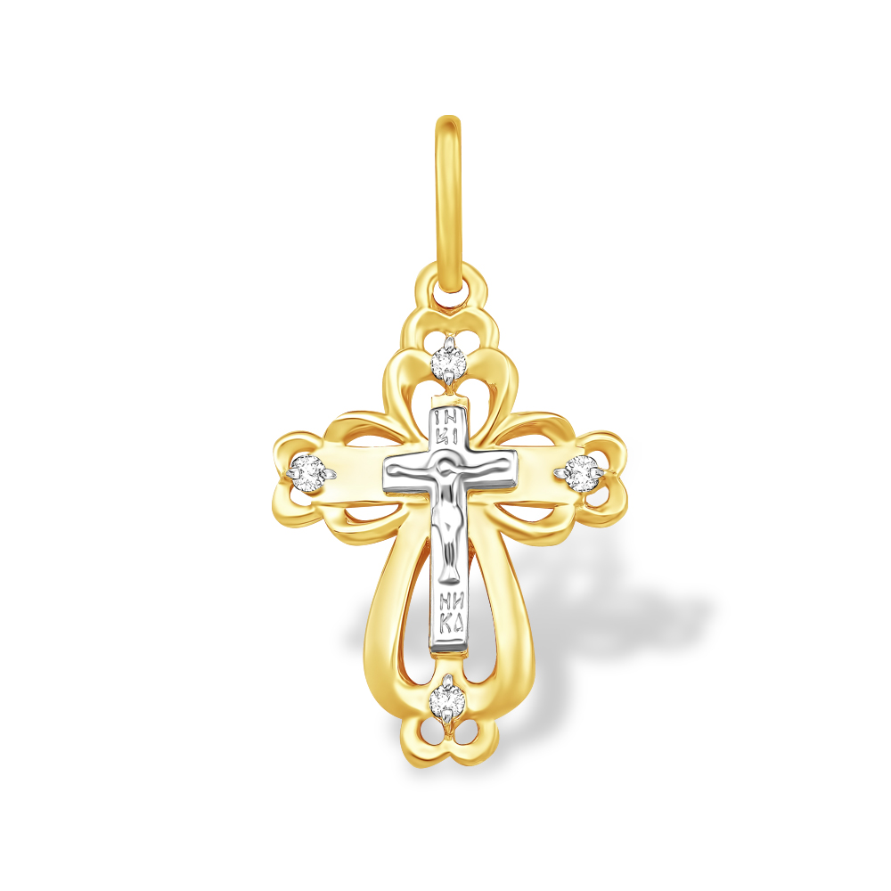 Крест из лимонного золота 585 пробы с бриллиантами 213010000129