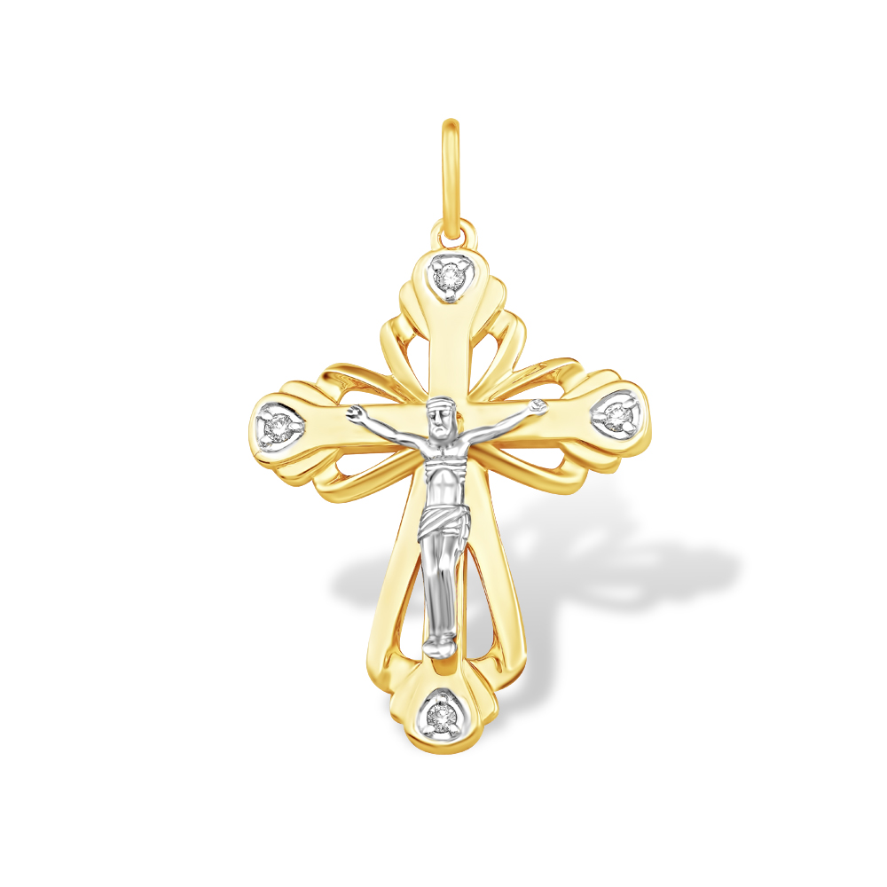 Крест из лимонного золота 585 пробы с бриллиантами 213010000132